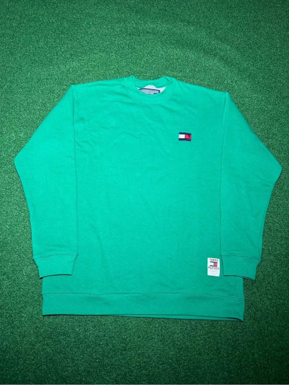 Vintage 90s Tommy Hilfiger Green Crewneck Sweatshirt, Designer Preppy (Small)